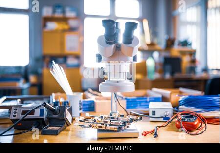 Modern microscope, electronic components in a scientific laboratory Stock Photo