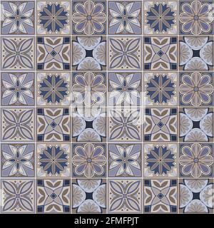 Geometric background square tiles with floral ethnic pattern in beige and blue colors Stock Vector