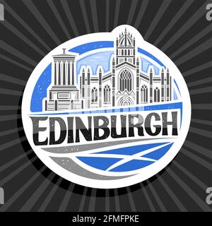 Vector logo for Edinburgh, white decorative sign with outline illustration of edinburgh city scape on day sky background, art design fridge magnet wit Stock Vector