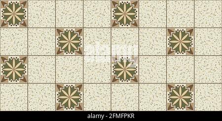 Geometric background square tiles with an ethnic pattern in beige and green colors mixed with marble tiles Stock Vector