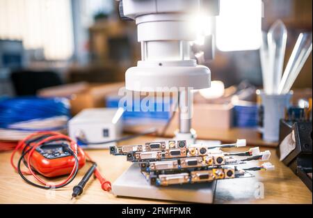 Modern microscope, electronic components in a scientific laboratory Stock Photo