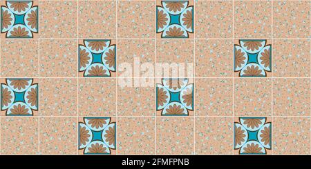 Geometric background square tiles with an ethnic pattern in beige and blue colors mixed with marble tiles Stock Vector