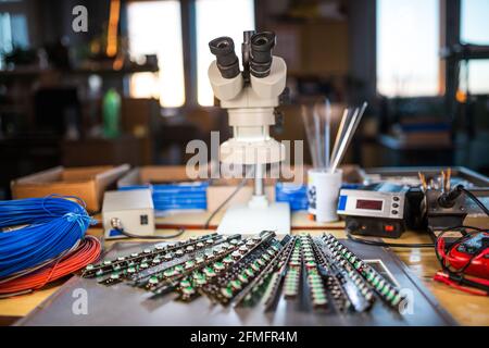 Modern microscope, Panel of LED light indicators is in the production Stock Photo