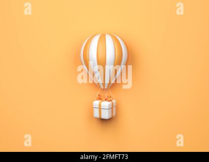 Hot air balloon with gift box on orange background. Minimal style. 3d rendering Stock Photo