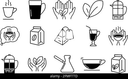 Coffee and tea icons. Contain french press, cup of tea or coffee, hands with tea leaf and other. Stock Vector