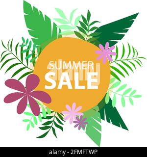 Vector poster with tropical leaves and text Summer Sale in the round frame. Banner design template. Stock Vector