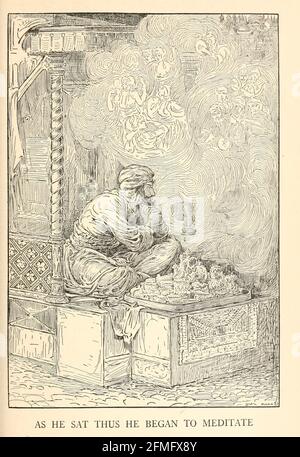 As He Sat Thus He Began To Meditate from the book '  The Arabian nights' entertainments ' Test and Illustrations by Louis Rhead, Published  in New York by Harper & Brothers in 1916. In order to save her life, Sheherazade entertains the sultan by telling him wondrous stories Stock Photo