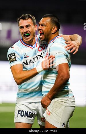 RacingâÂ€Â™s Kurtley Beale celebrates his try with Juan Imhoff during the rugby TOP 14 match between Racing 92 (R92) and ASM Clermont (ASM) at the Paris La Defense Arena, in Nanterre, France on May 9, 2021. Photo by Julien Poupart/ABACAPRESS.COM Stock Photo