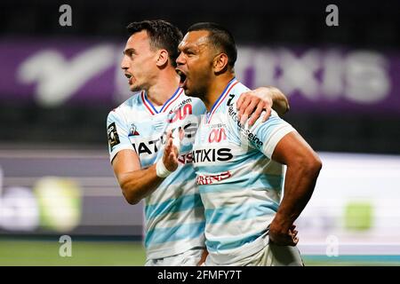 RacingâÂ€Â™s Kurtley Beale celebrates his try with Juan Imhoff during the rugby TOP 14 match between Racing 92 (R92) and ASM Clermont (ASM) at the Paris La Defense Arena, in Nanterre, France on May 9, 2021. Photo by Julien Poupart/ABACAPRESS.COM Stock Photo