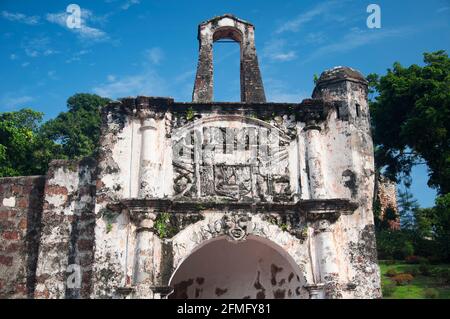 A fomosa is a weathered stone and brick ancient former portuguese fort built in 1512 in Melacca malaysia on a sunny blue sky summer day. Stock Photo