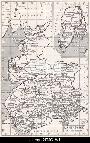 Vintage map of Lancashire, UK, 1930s. Stock Photo