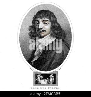Portrait of René Descartes [Here as Rene Des Cartes] (31 March 1596 – 11 February 1650[) was a French-born philosopher, mathematician, and scientist who spent a large portion of his working life in the Dutch Republic, initially serving the Dutch States Army of Maurice of Nassau, Prince of Orange and the Stadtholder of the United Provinces. One of the most notable intellectual figures of the Dutch Golden Age, Descartes is also widely regarded as one of the founders of modern philosophy. Copperplate engraving From the Encyclopaedia Londinensis or, Universal dictionary of arts, sciences, and lite Stock Photo