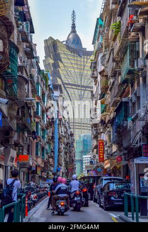 Macao, China - April 2, 2020: View to the urban street with short buildings at the sides in macao Stock Photo