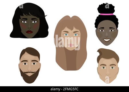Set of five different faces on a white background Stock Vector