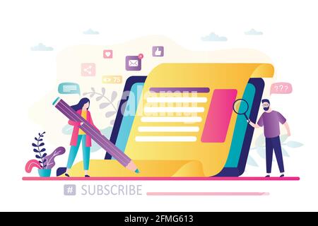 Blogging on laptop. Content development for online news, blogs and website, copywriting concept. Group of bloggers or copywritters create content. Tea Stock Vector