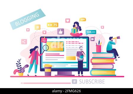 Blogging on desktop computer. Content development for online news, blogs and webpage, copywriting concept. People group create popular blog or website Stock Vector