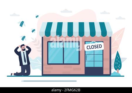 Shop closed. Empty storefront and plate on the door, store is not working. Shocked businessman is on his knees, financial losses or bankruptcy due to Stock Vector