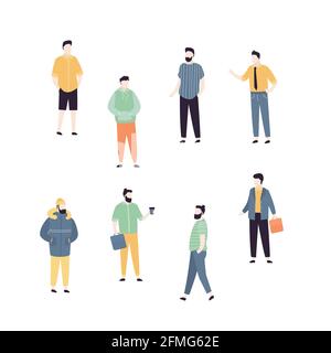 Trendy set of cool men. Stylish adults in different fashionable clothes. Handsome male characters isolated on white background. Collection of business Stock Vector
