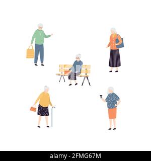 Set of elderly people. Collection of aged female characters in variation poses. Cartoon grandmother persons isolated in white background. Fashionable Stock Vector