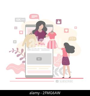Modern smartphone with social media page on screen. Fashionable woman blogger offers goods to subscribers. Beauty girl shows new clothing trends. Foll Stock Vector
