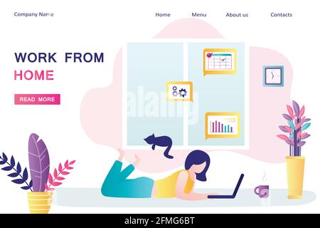 Work from home landing page template. Businesswoman at home office. Remote work, performance of tasks sent by email or social media. Female freelancer Stock Vector