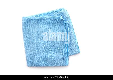 Square kitchen rag isolated on white, blue cloth top view Stock Photo