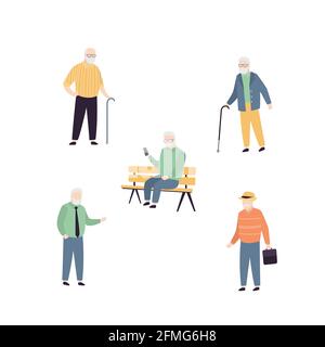 Set of elderly people. Collection of aged male characters in variation poses. Cartoon grandfather persons isolated in white background. Fashionable ol Stock Vector
