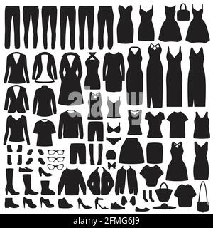 vector illustration of  set women fashion clothes, dress, shirt, shoes, jeans, jacket collection Stock Vector