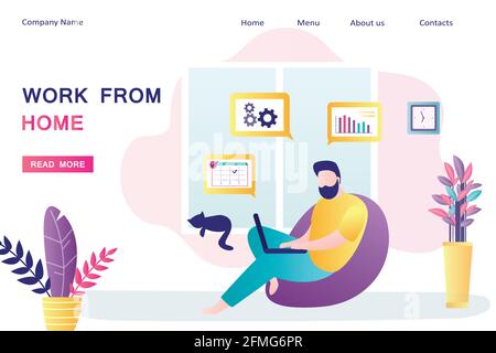 Work from home landing page template. Businessman at home office. Remote work, performance of tasks sent by email or social media. Male freelancer use Stock Vector