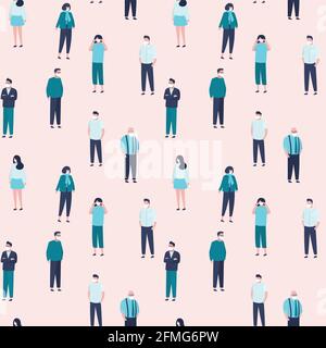 Seamless pattern with crowd of masked people. Group of infected people. Global Virus covid-19. Texture with various people characters. Disease and cor Stock Vector