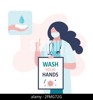 Woman doctor recommends washing your hands. Cartoon female character in white coat and protective mask, thumb up. Coronavirus protective measures.Prev Stock Vector