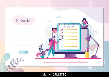 Female character use magnifying glass studying to-do list. Landing page with business women plans affairs and write notes. Work on new project. Printa Stock Vector