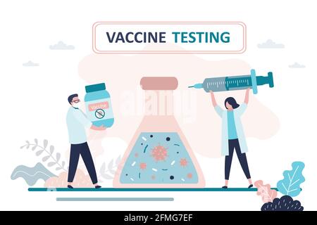 Virus vaccine development. Medical worker research and test new coronavirus vaccine. People in uniform holding medical supplies and syringe. Health ca Stock Vector