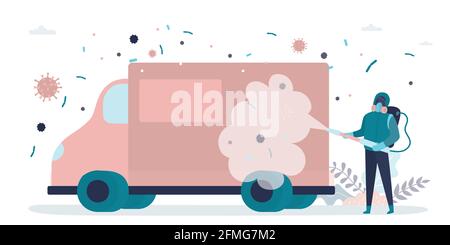 Man in protective suit processes transport from viruses and germs. Human stops spread of virus infection and disease. Staff in uniform. Health care co Stock Vector