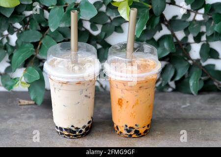 milk tea or thai tea or bubble tea , Thai milk tea and iced coffee Stock Photo