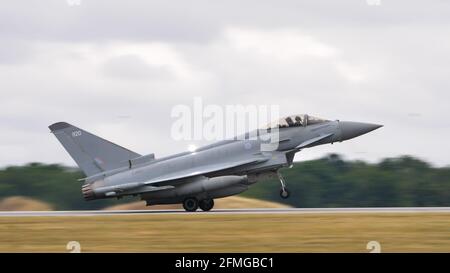 Evreux Air Base France JULY, 14, 2019 Eurofighter Typhoon of Royal Air Force RAF taking off from the runway