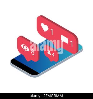 Follower isometric phone notification symbol for application instagram. App button for social media. Vector illustration icon . Stock Vector