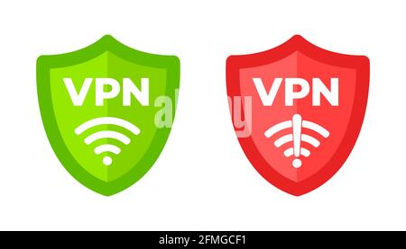 Wireless shield with text VPN and no VPN wifi icon sign flat design vector illustration. Stock Vector