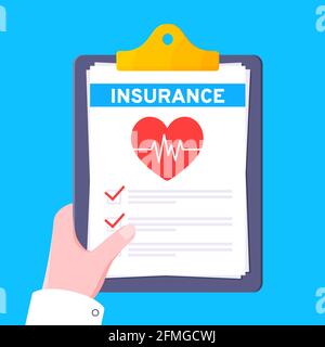 Clipboard with medical insurance claim form on it, paper sheets, doctor hand flat style design vector illustration. Stock Vector
