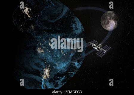 Spaceship fly from earth toward the moon, orbiting above the americas. Elements of this image furnished by NASA. Stock Photo