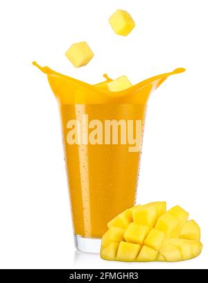 glass of splashing mango smoothie isolated on white Stock Photo