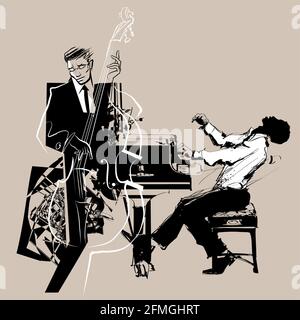Double bass and piano player. Jazz or classic musicians. - vector illustration Stock Vector