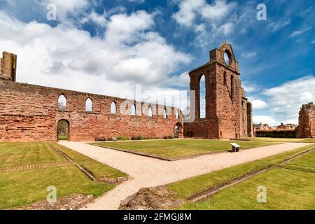 ARBROATH ABBEY ANGUS SCOTLAND LOOKING DOWN  CLOISTERS WALL WITH WINDOWS TO THE SOUTH TRANSEPT Stock Photo