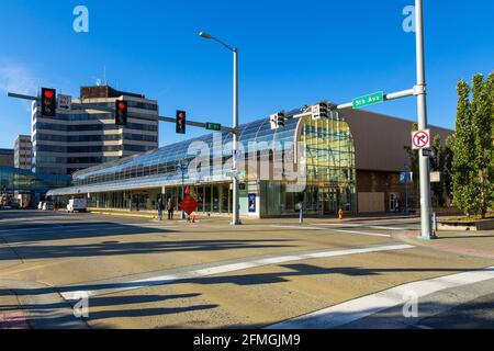 Anchorage, Alaska, USA - 30 September 2020: Tall buildings along Main 5th Avenue, Anchorage Downtown. Stock Photo