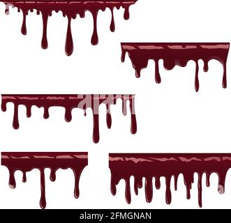 Hand drawn collection of blood paint splatter backgrounds. Horror leak. Bloody Ink drip. Melting graffiti drops. Vector isolated red grunge stain. Stock Vector