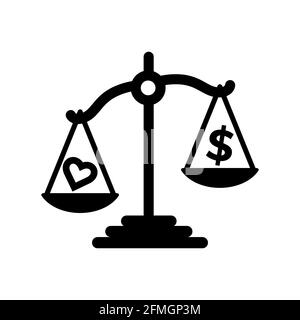 scale justice vector illustration with heart and money icon. Good template for justice design. Stock Vector