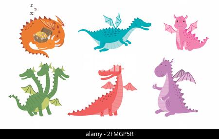 Vector set cartoon images of funny dragons of different colors and forms in different poses on a white background. Stock Vector