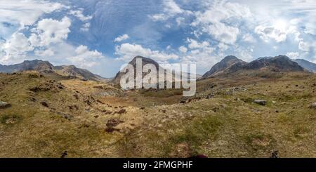 360 degree panoramic view of 360 spherical panorama of mountains and lakes in the Snowdonia National Park, North Wales, in summer