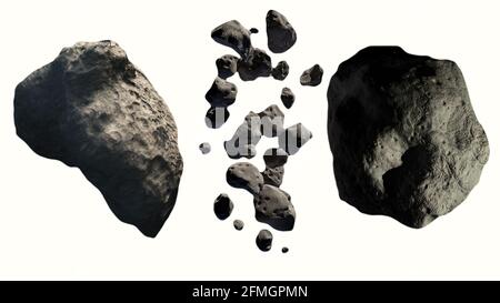 Group of meteorites isolated on white background. Elements of this image furnished by NASA. Stock Photo