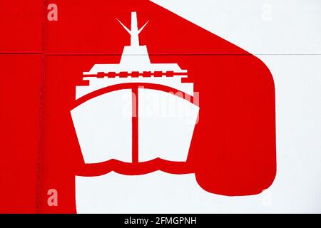 Cherbourg En Cotentin, France. 28th Feb, 2021. Part of the Stena Line logo seen on the Stena Estrid Ferry. Cherbourg Ferry port serves as a gateway to the region of Normandy, to Paris and onwards to Belgium, Holland and Germany. Credit: SOPA Images Limited/Alamy Live News Stock Photo